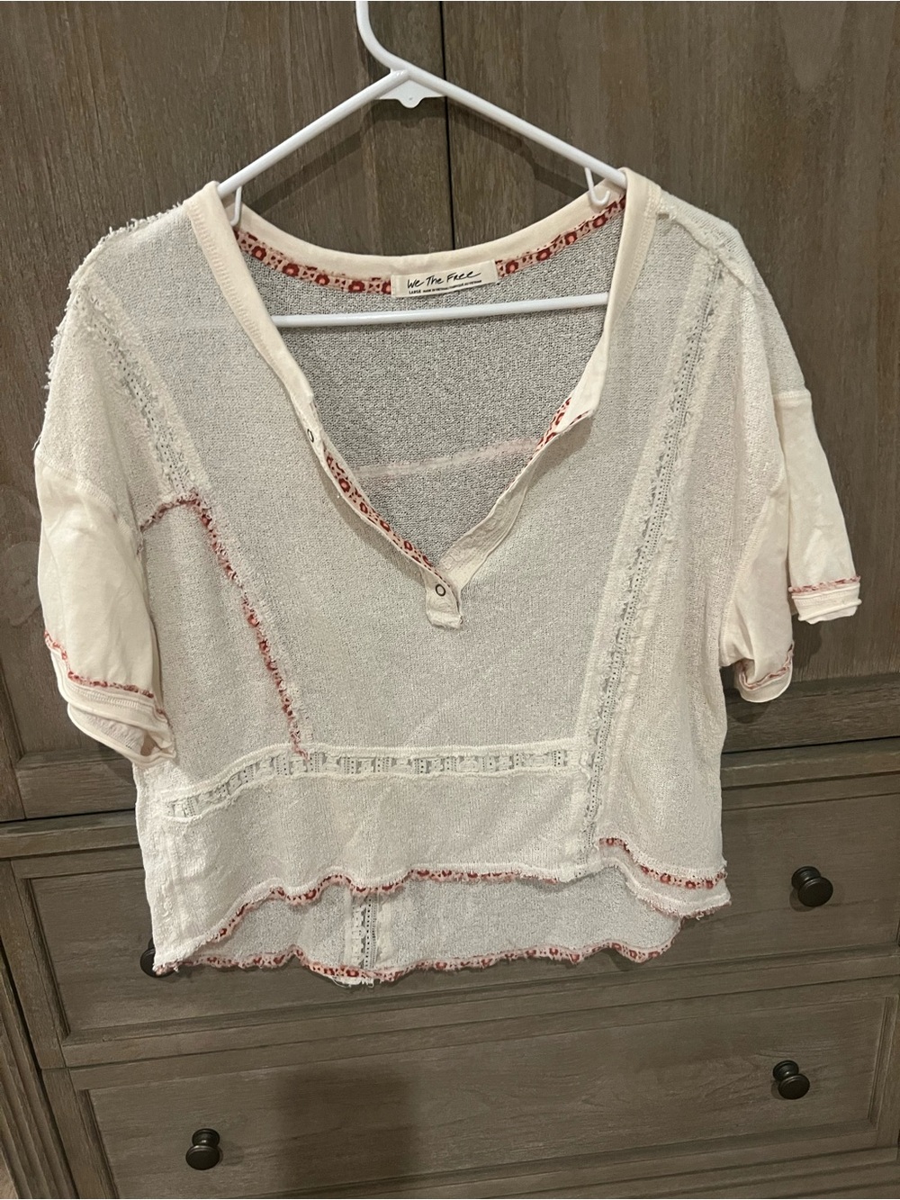 We The Free Cream Short-Sleeve Henley with Red Accent Trim